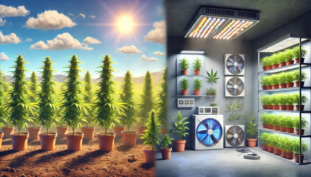 Ilustração do cultivo indoor vs outdoor