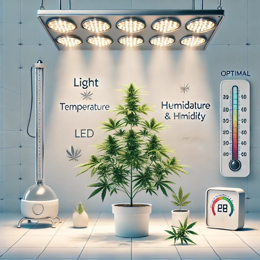 Ilustração das condições de luminosidade, umidade e temperatura ideais para o cultivo de cannabis medicinal.